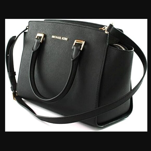 MK MICHAEL KORS SELMA Saffiano Leather Black Gold detach strap 12.5 x 9 x 4.5" - Picture 5 of 16